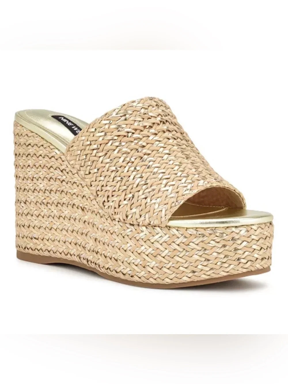 Nine West Everie Espadrille Woven Platform Wedge Sandals Size 8.5 Beige Gold